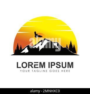 Montagne e Luna scenari Tramonto Logo Vector Sign Illustration in bianco sfondo isolato Illustrazione Vettoriale