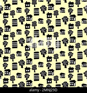 Case e alberi in bianco e nero stilizzati. Paesaggio urbano. Illustrazione Vettoriale