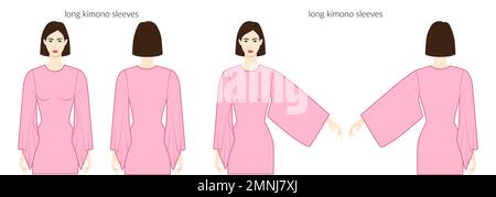 Maniche kimono lunghezza lungo abiti carattere bella donna in viola top, camicia, abito tecnico di moda illustrazione, montato. Modello di abbigliamento piatto anteriore, posteriore. Donne, uomini unisex CAD mockup Illustrazione Vettoriale