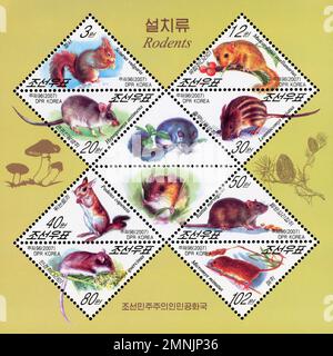 Foglio di francobolli nordcoreani con varie specie di roditori, tra cui scoiattoli e topi, emesso nel 2007 (Juche 96). Foto Stock