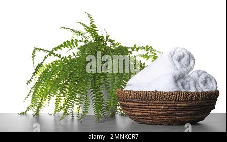 Asciugamani da bagno freschi sul tavolo su sfondo bianco Foto Stock