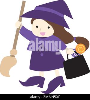 Ragazza vestita come una strega. Illustrazione di Halloween. Gusto semplice e grazioso piatto. Illustrazione Vettoriale