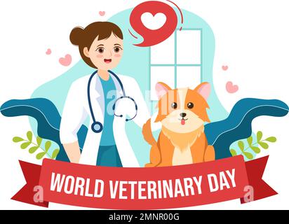 Giornata veterinaria del mondo il 29 aprile Illustrazione con cani o gatti del medico e degli animali carini in cartoon piano disegnati a mano per i modelli della landing page Illustrazione Vettoriale