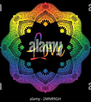 AMORE Mandala disegnato a mano con colori arcobaleno per l'orgoglio gay con sfondo nero e tema luminoso. Foto Stock