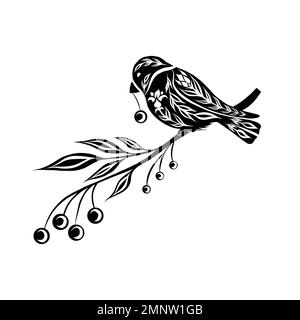 Vettore nero illustrazione ornamentale uccelli e bacche di rowan su rami isolati dallo sfondo. Clipart monocromatico con traccine Illustrazione Vettoriale