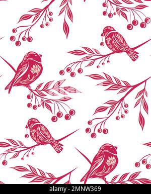 Motivo decorativo senza cuciture con uccelli e bacche di rowan sui rami di colore magenta su sfondo bianco. Texture tracery con bullfinches nel bushe Illustrazione Vettoriale