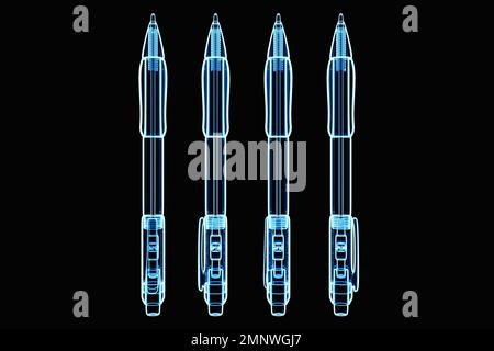 Primo piano delle penne al neon blu trasparenti su sfondo nero, illustrazione 3D. Cancelleria Foto Stock