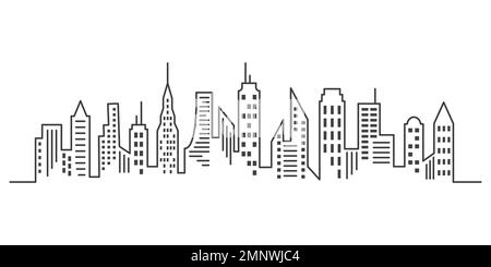 Paesaggio panoramico della città. Disegno continuo di edifici a una linea. Silhouette grattacieli. Illustrazione vettoriale minimalista. EPS 10 Illustrazione Vettoriale