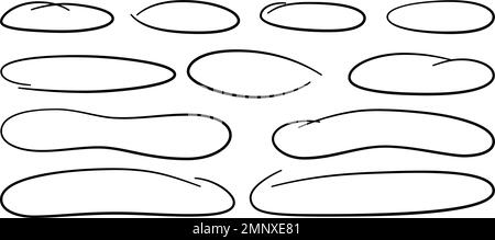 Set di ovali a cerchio lungo disegnati a mano. Ellissi di diverse larghezze. Evidenziare i riquadri del cerchio. Elipses e ovali in stile doodle. Set di illustrazioni vettoriali Illustrazione Vettoriale