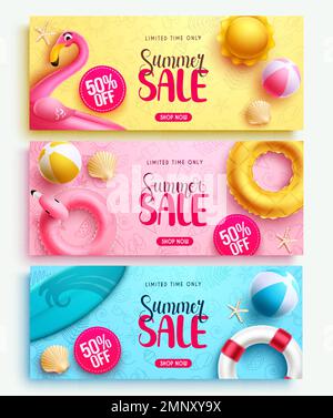 Vendita estiva Vector banner set. Testo della promozione estiva con il 50% di sconto sull'offerta promozionale limitata per volantini, brochure e annunci. Banner estivo con illustrazione vettoriale. Illustrazione Vettoriale