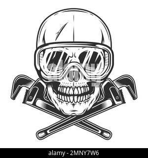 Cranio vintage in occhiali di sicurezza con utensile meccanico per riparazione di chiavi per carrozzeria o chiave da costruzione per illustrazione di tubi idraulici per gas e costruttori Foto Stock