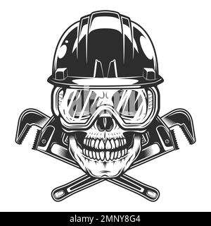 Cranio vintage con occhiali di sicurezza e elmetto con utensile meccanico per riparazione di chiavi per carrozzeria o chiave da costruzione per tubi idraulici per gas e costruttori Foto Stock
