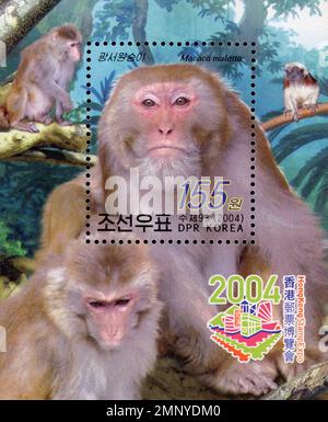 Foglio di francobolli nordcoreani del 2004 con le scimmie di Rhesus (Macaca mulatta) per l'Hong Kong Stamp Expo. Foto Stock