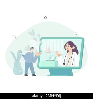 Illustrazione dei servizi medici online. I pazienti che si incontrano con i medici online, avendo consultazione e ricevendo la prescrizione digitale. Telemedicina ed e Illustrazione Vettoriale