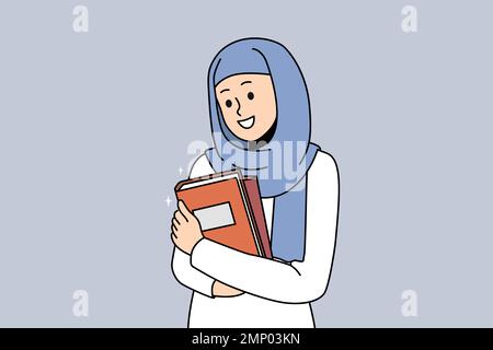 Sorridente giovane donna araba in hijab tenere libri entusiasti di istruzione universitaria. Ragazza araba felice in capo posa con i libri di testo. Illustrazione vettoriale. Illustrazione Vettoriale