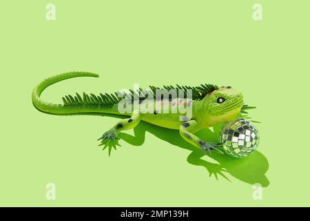 Lucertola Iguana con disco palla su sfondo verde. Concetto minimo. Spazio di copia. Foto Stock
