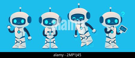 Carino robot set. Cartoon Science Technology Concept vettore isolato. Stile Cartoon piatto Illustrazione Vettoriale