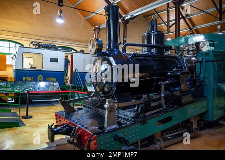 Vecchio motore a vapore della linea a cremagliera e pignone di Cremellera nel museo di Ribes de Freser, Catalogna, Spagna. Ferrovia a cremagliera Cremallera de N Foto Stock