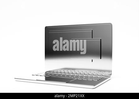 3D immagine di un notebook color argento con una barra di ricerca delle informazioni su sfondo bianco. Il concetto di comunicazione Foto Stock
