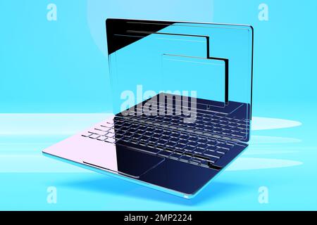 3D immagine di un notebook color argento con una barra di ricerca delle informazioni su sfondo blu. Il concetto di comunicazione Foto Stock