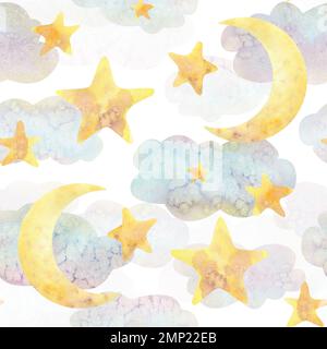 Luna con stelle in nuvole su sfondo bianco. Illustrazione acquerello. Modello senza cuciture della collezione DI BAMBÙ. Per la decorazione e il design di Foto Stock