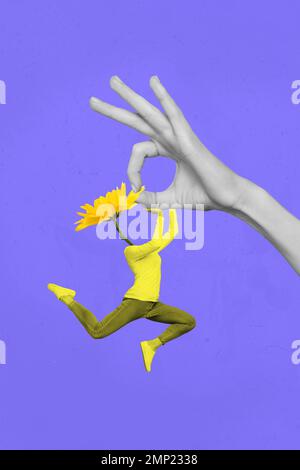 Fotografia creativa 3D collage poster immagine grafica schizzo di grande braccio umano tenere gerbera corpo flessibile isolato su sfondo disegno Foto Stock
