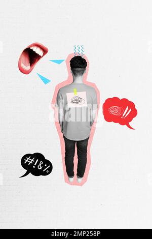 Foto minimalistica 3D collage poster immagine schizzo di triste sconvolto l'uomo soffre l'opinione della società isolato sul disegno sfondo Foto Stock