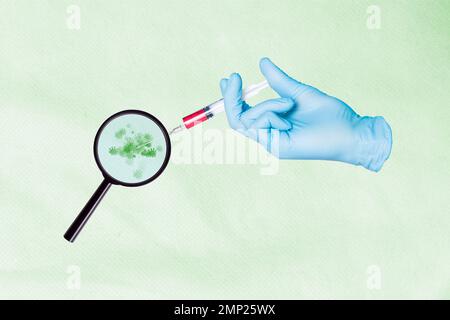 Foto minimalistica 3D collage poster immagine illustrazione del braccio medico ricerca nuovi batteri isolati su sfondo disegno Foto Stock
