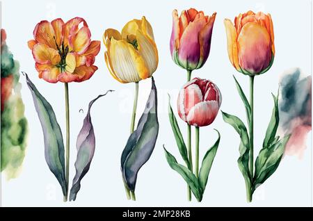 Tulipani acquerelli dipinti a mano su sfondo bianco Illustrazione Vettoriale