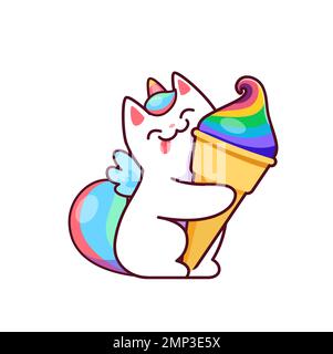 Cartoon carino allegro kawaii casticorno carattere con gelato. Bianco vettore alato unicorno gatto godendo arcobaleno cono icecream. Divertente personaggio magico gattino con dessert colorato. Gattino fantasy bambino Illustrazione Vettoriale