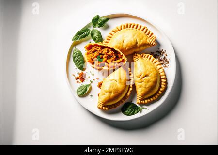 Dai un tocco di raffinatezza ai tuoi progetti alimentari con la nostra fotografia enogastronomica Empanadas su sfondo bianco. Mostra i sapori ricchi e. Foto Stock