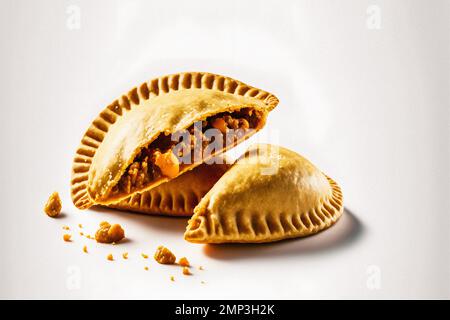 Dai un tocco di raffinatezza ai tuoi progetti alimentari con la nostra fotografia enogastronomica Empanadas su sfondo bianco. Mostra i sapori ricchi e. Foto Stock