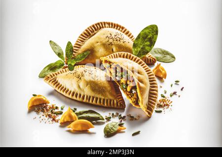 Dai un tocco di raffinatezza ai tuoi progetti alimentari con la nostra fotografia enogastronomica Empanadas su sfondo bianco. Mostra i sapori ricchi e. Foto Stock