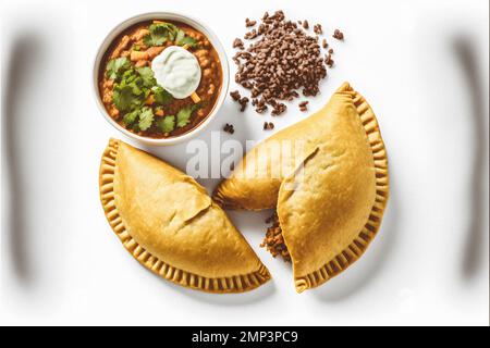 Dai un tocco di raffinatezza ai tuoi progetti alimentari con la nostra fotografia enogastronomica Empanadas su sfondo bianco. Mostra i sapori ricchi e. Foto Stock