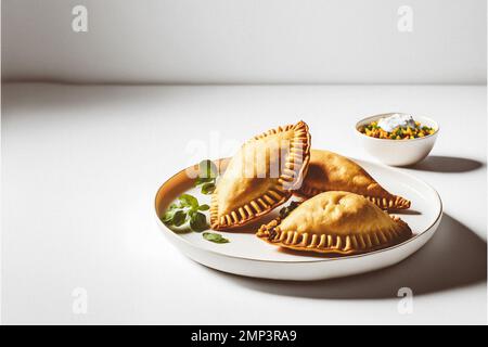 Dai un tocco di raffinatezza ai tuoi progetti alimentari con la nostra fotografia enogastronomica Empanadas su sfondo bianco. Mostra i sapori ricchi e. Foto Stock