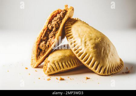 Dai un tocco di raffinatezza ai tuoi progetti alimentari con la nostra fotografia enogastronomica Empanadas su sfondo bianco. Mostra i sapori ricchi e. Foto Stock