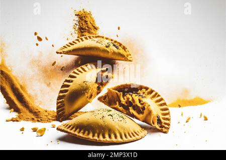 Dai un tocco di raffinatezza ai tuoi progetti alimentari con la nostra fotografia enogastronomica Empanadas su sfondo bianco. Mostra i sapori ricchi e. Foto Stock