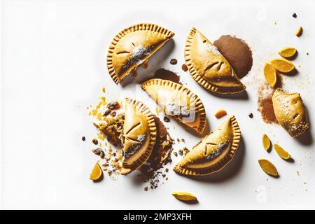 Dai un tocco di raffinatezza ai tuoi progetti alimentari con la nostra fotografia enogastronomica Empanadas su sfondo bianco. Mostra i sapori ricchi e. Foto Stock