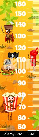 Il righello dei cartoni animati dei bambini pirati personaggi fastfood sull'isola del tesoro. Misuratore grafico di crescita vettoriale con pop corn, hamburger, ketchup e caffè divertente corsair personages. Bilancia per adesivi da parete per bambini Illustrazione Vettoriale