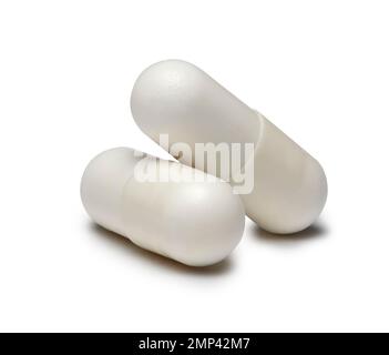 Due pillole bianco capsula farmaco nutrizione chimico medico di salute prescrivere benessere clinica ospedale Harley Street cut-out medicina ad alta risoluzione Foto Stock