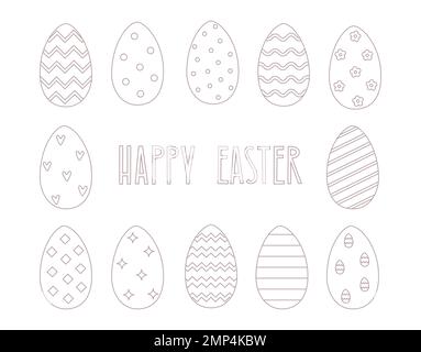Delineare le illustrazioni vettoriali delle uova di pasqua. Buon testo della riga di Pasqua. Illustrazione Vettoriale