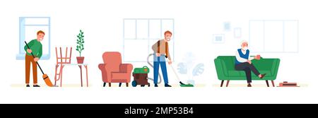 Evoluzione dei dispositivi di pulizia. Uomo che spazzano il pavimento con scopa in gioventù. Servizio di pulizia senior con aspirapolvere o robot. Pulizia dello sviluppo tecnologico Illustrazione Vettoriale