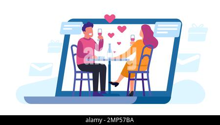 Incontri online. La donna incontra l'uomo per un buon tempo. Internet comunicazione romantica. Felice coppia che chiacchiera con un notebook. Amore e romanticismo a distanza. Persone Illustrazione Vettoriale