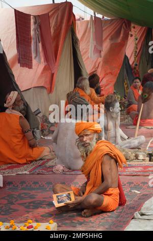 Sadhus di fronte ad una tenda, per uso esclusivamente editoriale, Allahabad Kumbh Mela, il più grande raduno religioso del mondo, Uttar Pradesh, India Foto Stock