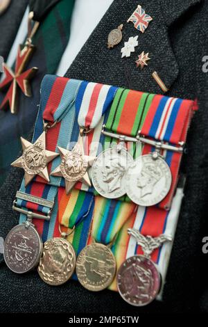 Esposizione di medaglie dai membri delle forze armate all'annuale evento Silence in the Square che si tiene a Trafalgar Square. La cerimonia che ha commemorato coloro che sono morti in due guerre mondiali, tra cui 385 membri del personale britannico uccisi in Afghanistan dal 2001, è iniziata alle 11:00 del mattino, rispecchiando allo stesso tempo le pistole lungo il fronte occidentale sono caduti in silenzio per l'ultima volta alla fine della prima guerra mondiale nel 1918. Nel Regno Unito milioni di persone hanno osservato un silenzio di due minuti per celebrare la Giornata dell'armistizio. Londra, Regno Unito. 11th novembre 2011. Foto Stock