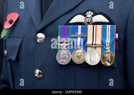 Esposizione di medaglie dai membri delle forze armate all'annuale evento Silence in the Square che si tiene a Trafalgar Square. La cerimonia che ha commemorato coloro che sono morti in due guerre mondiali, tra cui 385 membri del personale britannico uccisi in Afghanistan dal 2001, è iniziata alle 11:00 del mattino, rispecchiando allo stesso tempo le pistole lungo il fronte occidentale sono caduti in silenzio per l'ultima volta alla fine della prima guerra mondiale nel 1918. Nel Regno Unito milioni di persone hanno osservato un silenzio di due minuti per celebrare la Giornata dell'armistizio. Londra, Regno Unito. 11th novembre 2011. Foto Stock