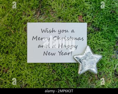 Cartolina di Natale con stella dorata e testo in inglese: Vi auguro buon Natale e buon anno Foto Stock