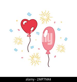 Palloncini in stile cartoon. Palloncini, confetti, fuochi d'artificio per compleanno, matrimonio, San Valentino e festa. Palloncini volanti con una corda. Palloncino Doodle Illustrazione Vettoriale