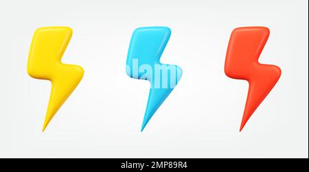 3d simbolo del fulmine. set di icone realistiche del vettore thunderbolt. illustrazione della collezione di elementi di disegno in stile cartone animato minimal Illustrazione Vettoriale