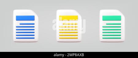 3d icona del file di documento. set di icone realistiche del vettore della carta. illustrazione della collezione di elementi di disegno in stile cartone animato minimal Illustrazione Vettoriale